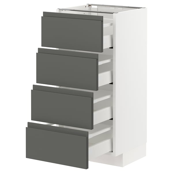 Weißer METOD-Küchenzeile mit vier grauen Schubladen, modernes, minimalistisches Design.