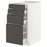 Ikea METOD Küchenzeile, weißer Sockel, dunkelgraue Schubladen, modern, fünf Schubladen, schlanke Griffe.