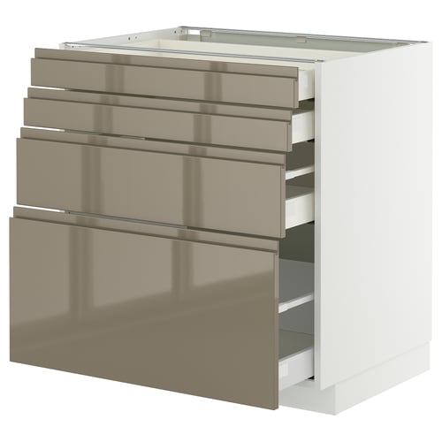 Küchenschrank aus Edelstahl mit drei ausziehbaren Schubladen und einer Gitterplatte.