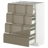 Moderne Küchenzeile: METOD mit Voxtorp-Fronten in dunklem Graubraun, Edelstahloptik, vier Schubladen, schlichtes Design.