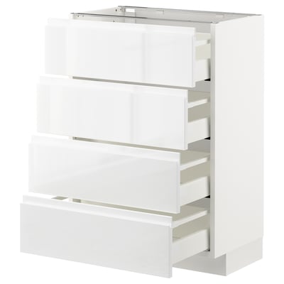 METOD Küchenzeile, weiß, vier Schubladen, modern, glänzend, vertikale Form, integrierte Griffe.