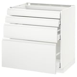 Ein weißer, bescheidener Schrank mit mehreren Schubladen. Er hat ein schlankes, modernes Design mit integrierten Griffen.