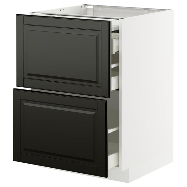 Schwarz-weißer Küchenschrank mit zwei Schubladen und einem ausziehbaren Regal für maximalen Stauraum.