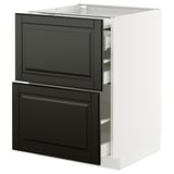 Schwarz-weißer Küchenschrank mit zwei Schubladen und einem ausziehbaren Regal für maximalen Stauraum.