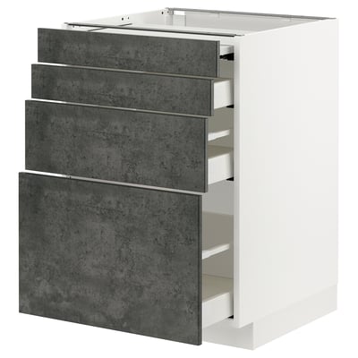 Ein weißer METOD-Küchenschrank mit sechs dunkelgrauen Schubladen in Betonoptik.