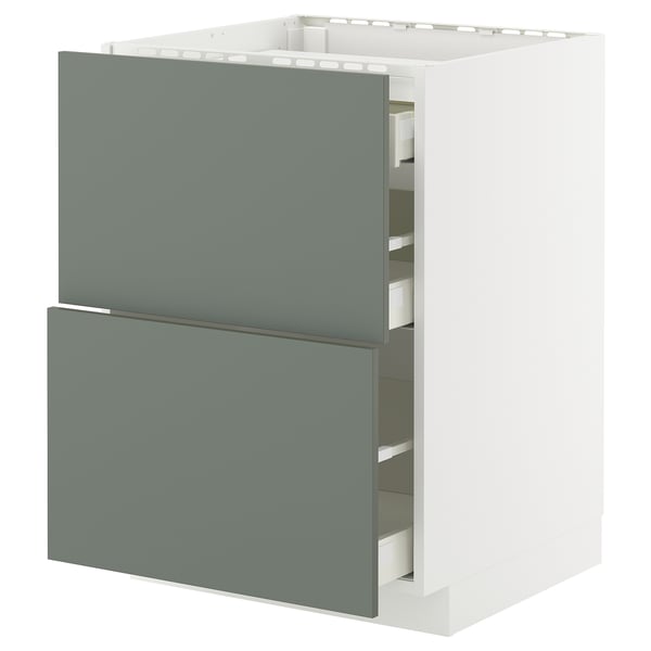 Ein moderner graugrüner Küchenschrank mit zwei Schubladen, Teil der IKEA METOD-Serie.