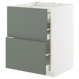 Ein moderner graugrüner Küchenschrank mit zwei Schubladen, Teil der IKEA METOD-Serie.