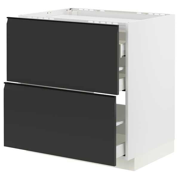 Ein moderner schwarz-weißer METOD-Küchenschrank mit zwei glatten, selbstschließenden Schubladen und einem schlanken, grifflosen Design.
