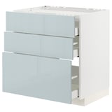 Moderne grau-blau glänzende Küchenschränke mit drei ausziehbaren Schubladen.