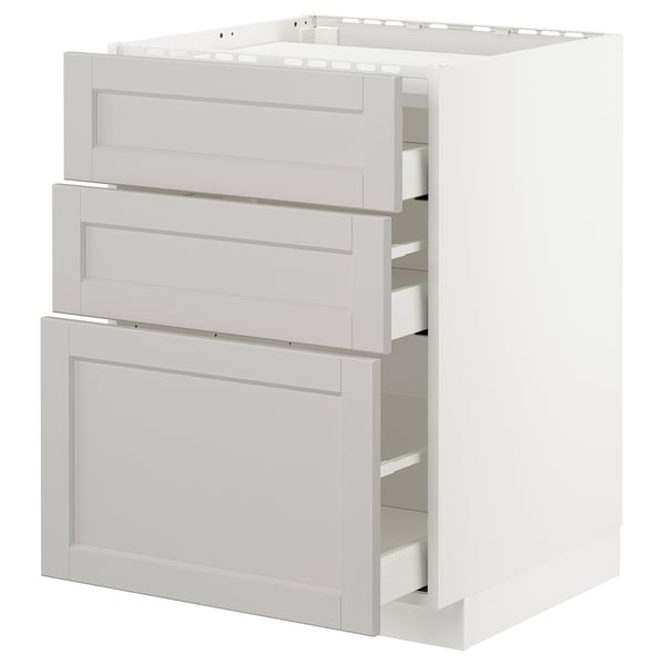 Weißer METOD-Küchenschrank, drei Schubladen, klassisches Design, abgeschrägte Kanten.