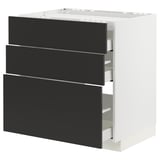Moderner ikea METOD Küchenschrank mit drei schwarzen, matten Nickebo-Ausziehschubladen. Weißer Boden, leichtgängige Schubladen.