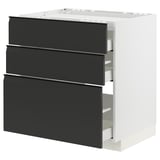 Ein moderner schwarz-weißer Küchenschrank mit drei Schubladen. Der Schrank hat ein schlankes, minimalistisches Design mit integrierten Griffen.