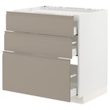 Eine METOD-Küchenzeile mit drei upplöv-Schubladen in mattem Grau-Beige. Es hat ein schlankes, modernes Design mit integrierten Griffen und selbstschließenden Schubladen.