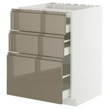 Moderner Küchenschrank in Weiß und Braun mit Hochglanzschubladen, schlanken Griffen und mehreren Fächern.