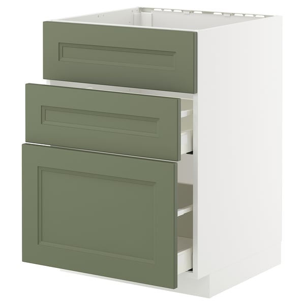 Ikea METOD Küchenzeile. Drei grüne Schubladen, weißer Schrank.