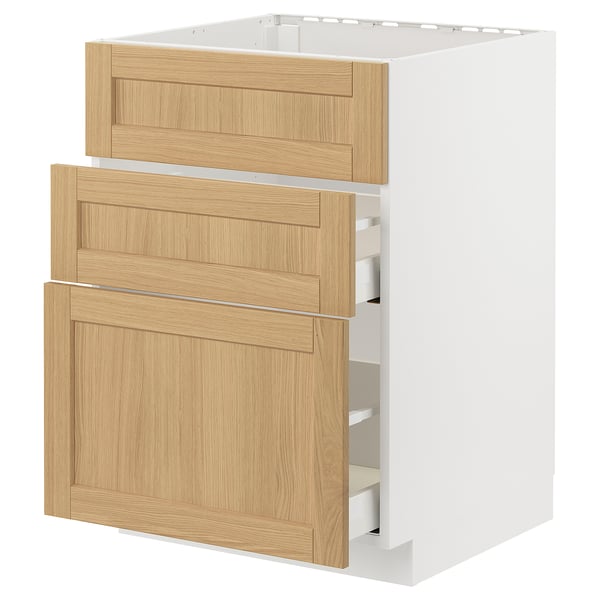 METOD Küchenzeile. Weißer Korpus, Schubladen aus Eichenholz. Zwei große Schubladen mit abgeschrägten Kanten. Modernes, klassisches Design. Schubladen mit Soft-Close.