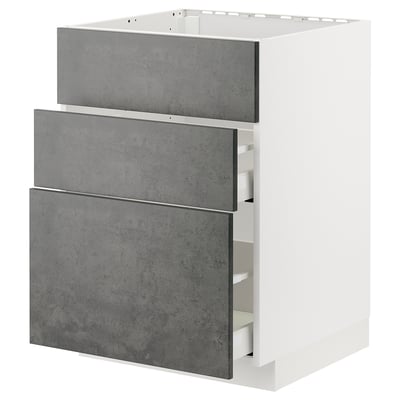 Moderner Küchenschrank: METOD in Dunkelgrau, drei Schubladen, glatte Betonoberfläche.