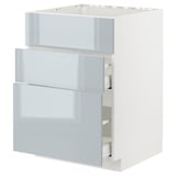 Ein weiß-grau-blauer moderner Küchenschrank mit hochglänzenden Schubladenfronten, leichtgängigen Schubladen und einem stabilen Rahmen.
