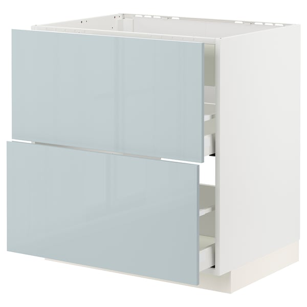 Weißer METOD-Kochschrank, grau-blaue Schubladen, modernes Design.