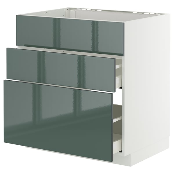 METOD Küchenzeile mit drei hochglänzenden graugrünen Schubladen, modernem und schlichtem Design.
