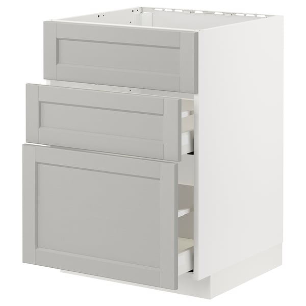 Dieses Bild ist der ikea METOD Küchenschrank in hellgrau mit drei Schubladen. Es hat abgeschrägte Kanten, ein modernes Design und eine robuste Konstruktion.