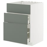 Moderner graugrüner Küchenschrank mit 3 Schubladen, glattem und leisem Schubladensystem, schlankem Design, Teil der IKEAS METOD-Kollektion.
