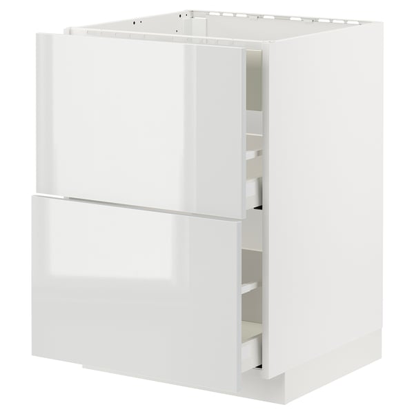 Weißer METOD-Küchenschrank mit Schubladen und Regalen, modernes Design, glänzende Oberfläche.