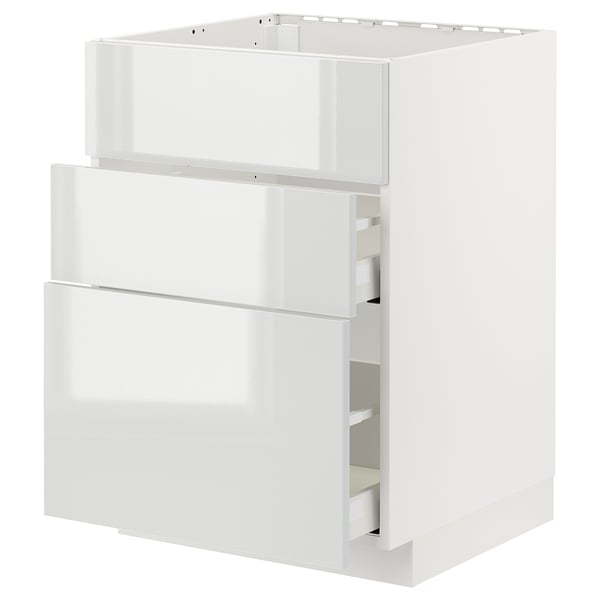 Ein weißer METOD-Küchenschrank mit Hochglanz-Finish und mehreren Schubladen.