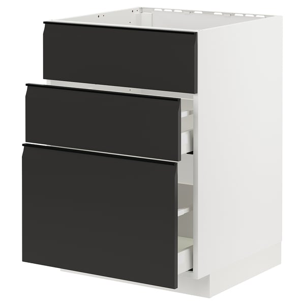 Moderner schwarz-weißer Küchenschrank mit drei Schubladen, schlanken, flachen Oberflächen, vertikalem Design.