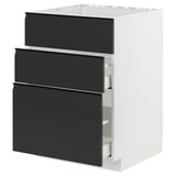 Moderner schwarz-weißer Küchenschrank mit drei Schubladen, schlanken, flachen Oberflächen, vertikalem Design.
