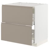 Moderner Küchenschrank, beige, quadratisch, mit schlanken grauen Griffen.