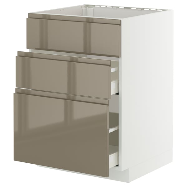 Hochglänzende dunkelgrau-braune Küchenschubladen, Edelstahloptik, schlankes, modernes Design, drei Schubladen in einem weißen Schrank.