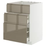 Hochglänzende dunkelgrau-braune Küchenschubladen, Edelstahloptik, schlankes, modernes Design, drei Schubladen in einem weißen Schrank.
