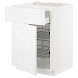 Weißer Küchenschrank mit offener Schublade, Metallregale innen sichtbar. Modernes, klares Design.