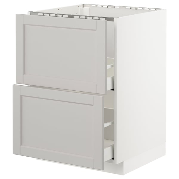 Ikea METOD Küchenschrank, weiß, klassisches Design mit zwei Schubladen, teilweise offen.