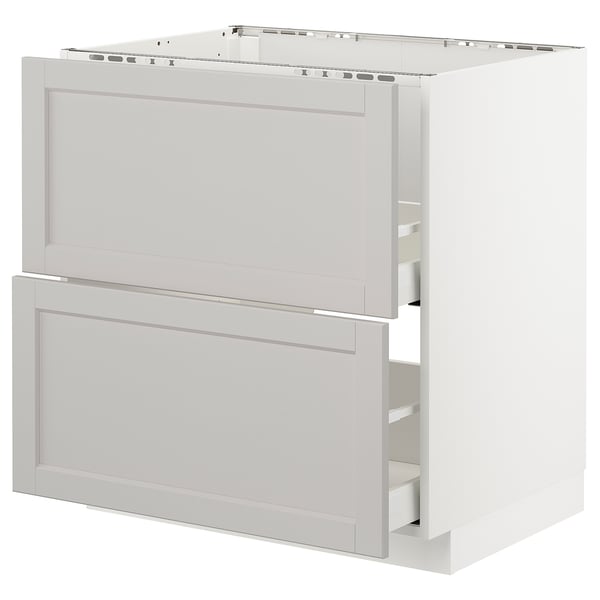 METOD weißer Küchenschrank, hellgrau mit abgeschrägten Kanten, zwei Schubladen, rechteckige Form, klassisches Design.