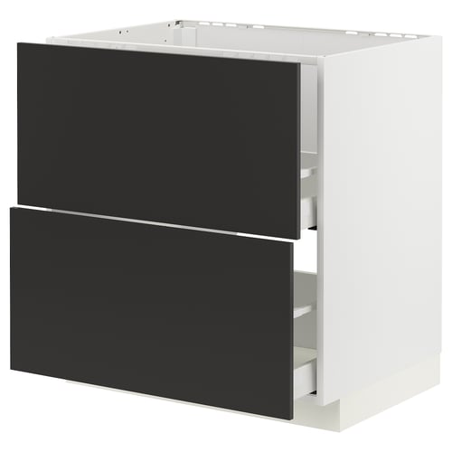 Moderner schwarz-weißer Küchenschrank, quadratische Form, mit Schubladen und Ablagefächern.