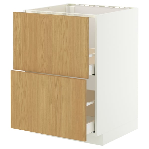 Ein Küchenschrank aus weißer und heller Eiche mit zwei voll ausziehbaren Schubladen.