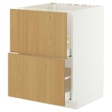 Ein Küchenschrank aus weißer und heller Eiche mit zwei voll ausziehbaren Schubladen.