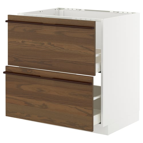 METOD Küchenschrank: weiße und dunkelbraune Schubladen mit Holzgriffen, rechteckige Form, modernes Design.