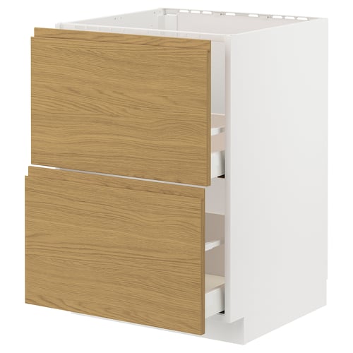 Moderner Küchenschrank, weiß & Eiche, zwei Schubladen, quadratische Form, minimalistisches Design.