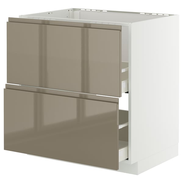 Moderner hochglänzender dunkelgrau-brauner Küchenschrank mit schlanken, grifflosen Schubladen und Schränken von IKEA.