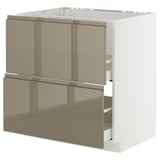 Moderner hochglänzender dunkelgrau-brauner Küchenschrank mit schlanken, grifflosen Schubladen und Schränken von IKEA.