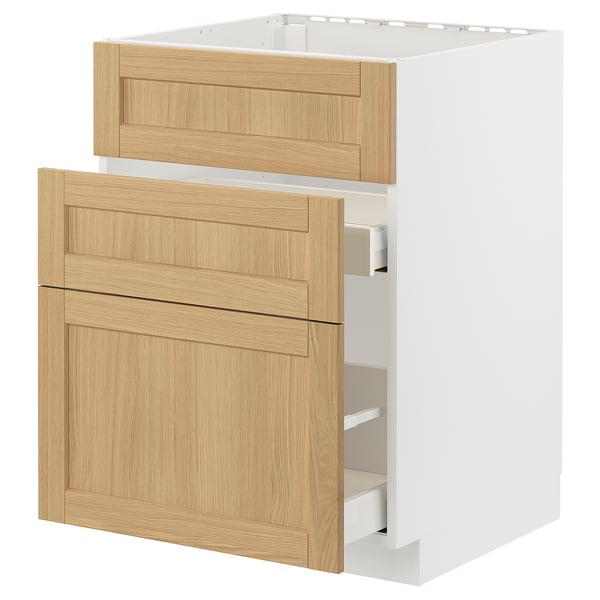 Das Bild zeigt METOD Küchenschrank mit Schubladen aus hellem Holz, weißer Rahmen.