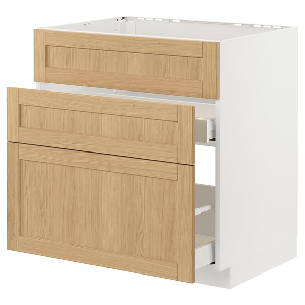 METOD Küchenzeile mit Schubladen aus heller Eiche und weißem Sockel, 3 Holzschubladen.