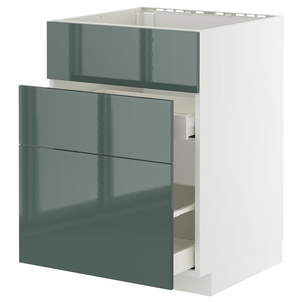 Moderner Küchenschubladenschrank in glänzendem Grün mit Soft-Close-Schubladen.