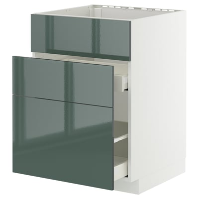 Moderner Küchenschubladenschrank in glänzendem Grün mit Soft-Close-Schubladen.