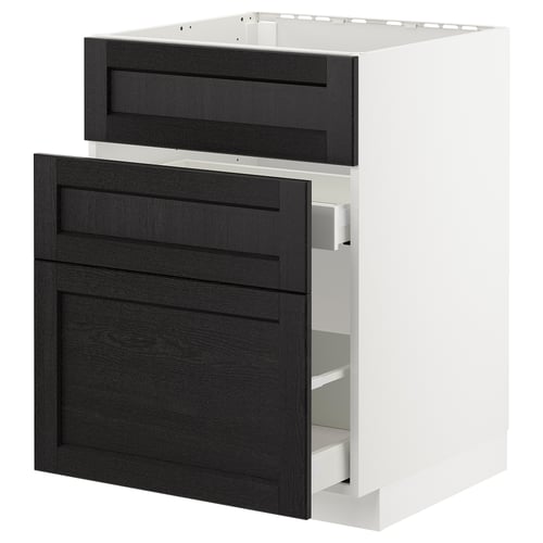 Moderner Küchenschrank, weißer Rahmen, dunkel gebeizte Holzschubladen, glatte Oberfläche, rechteckige Form, traditionelles Design.
