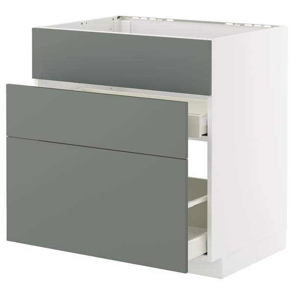 Ein moderner graugrüner ikea METOD Küchenschrank mit schlanken Schubladen und einem robusten weißen Rahmen.