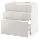 Moderne Küche: weißer METOD-Schrank mit glänzenden Schubladen. Drei offene Schubladen, schlankes Design.